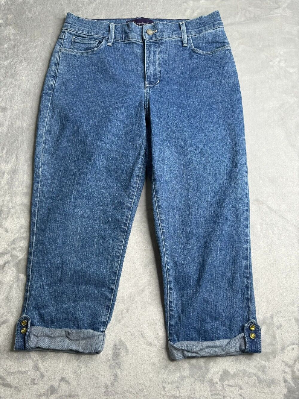 NYDJ Carpi Jeans Womens 10 Blue Mid Rise Flat Front Slimming Green Jeweled Cuff